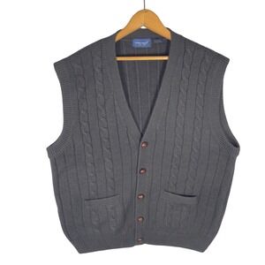 Vtg Towncraft Cardigan Cable Knit Sweater Vest Men XL Gray Grandpa Dad Pockets